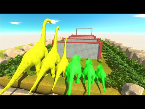 Different Size Yellow Brachiosaurus vs Green Triceratops Clash Block Race Animal Revolt Battle
