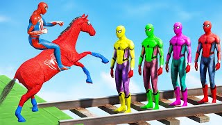 GTA 5 Gameplay Ragdolls Red Spiderman Horse On Spiderman Color Bridge Parkour (Funny Moments Fails)