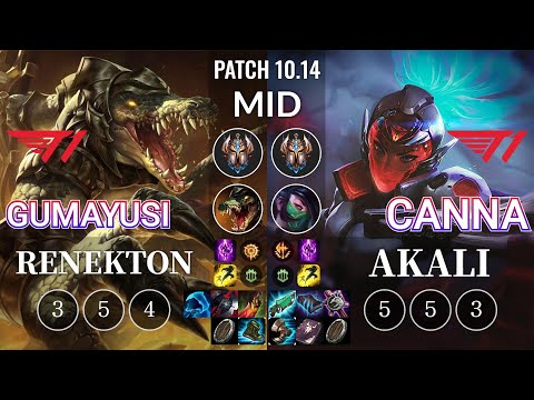 T1 Gumayusi Renekton vs T1 Canna Akali Mid - KR Patch 10.14