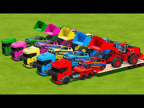 TRANSPORTING CAT FRONT LOADERS & DACIA POLICE CARS WITH SCANIA TRUCKS - Farming Simulator 22