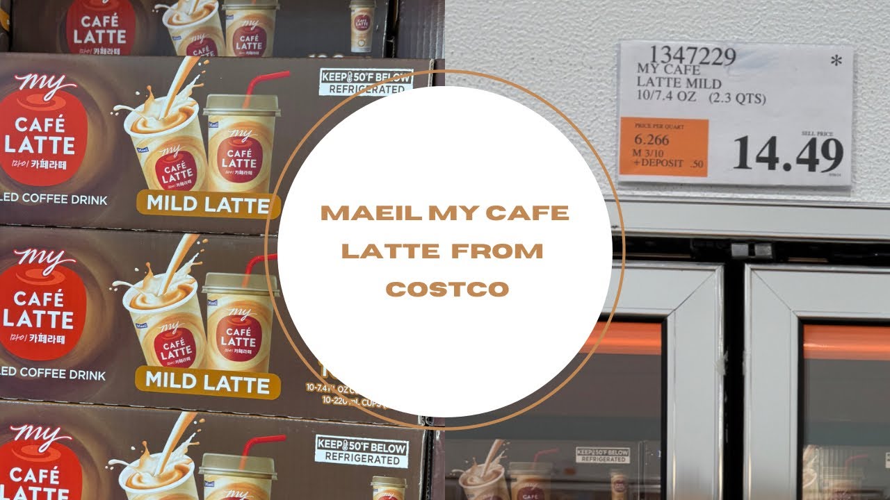 A Korean Maeil My Cafe Latte coffee milk carton displayed in a Costco store with the iconic brown cardboard packaging