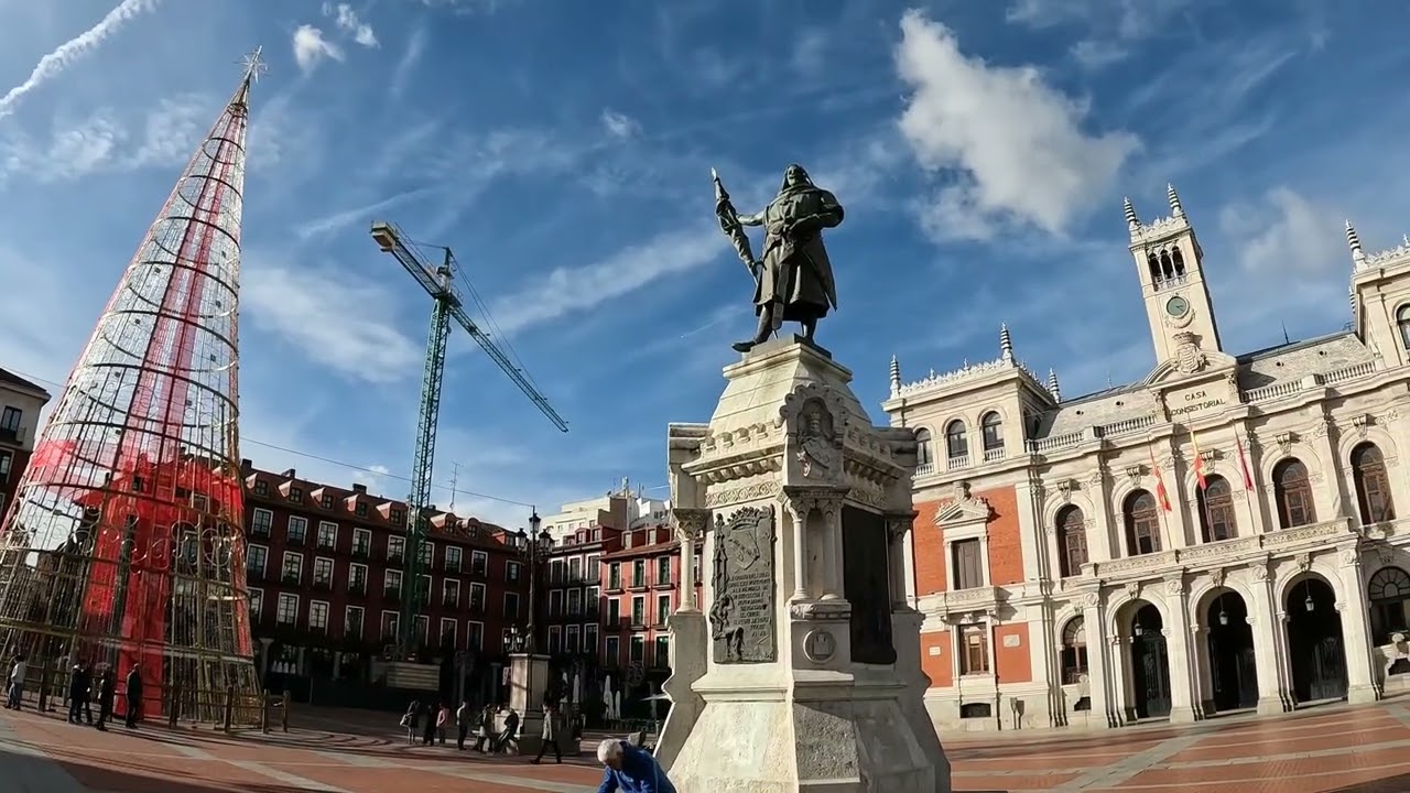 Immersive street-level walking tour through Valladolid Plaza Mayor, Spain, showcasing authentic urban landscapes, local architecture, and the vibrant atmosphere of the city's neighborhoods