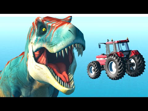 Cars Jumping Down at High Speed With Giant Dinosaur - Beamng drive