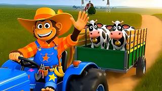 🐵 Monkey Farmer Drives Tractor with Cows | Funny Farm Cartoon Story | Kids Tractor Videos