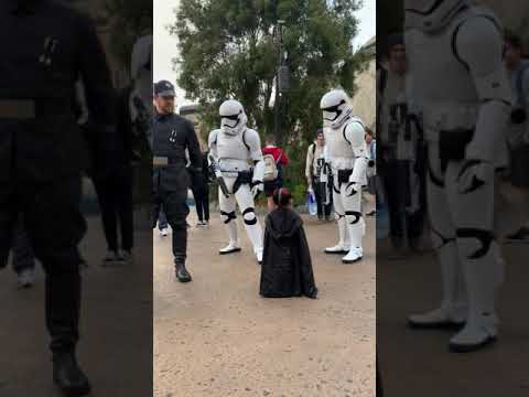 Little girl meets Stormtroopers at Disneyland.