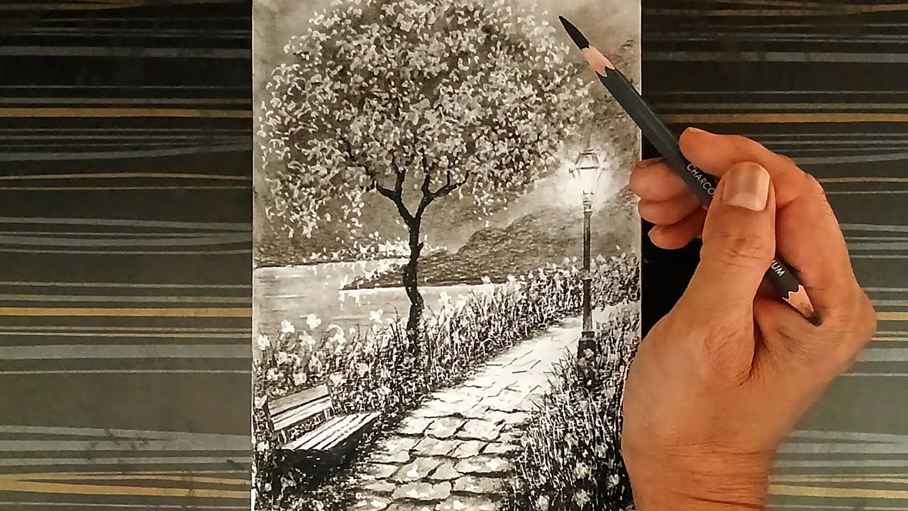 Pencil drawing step by step of night mode nature view landscape scenery.