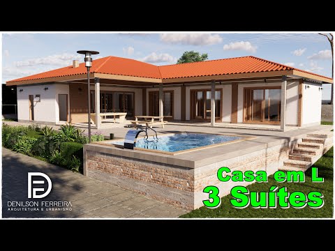 077 - Casa de campo em L com 3 suítes | Casa de fim de semana