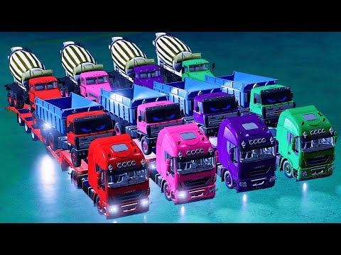 TRANSPORTING MIXER TRUCK, IVECO, TATRA, COLORFUL CARS WITH TRUCK - FS22