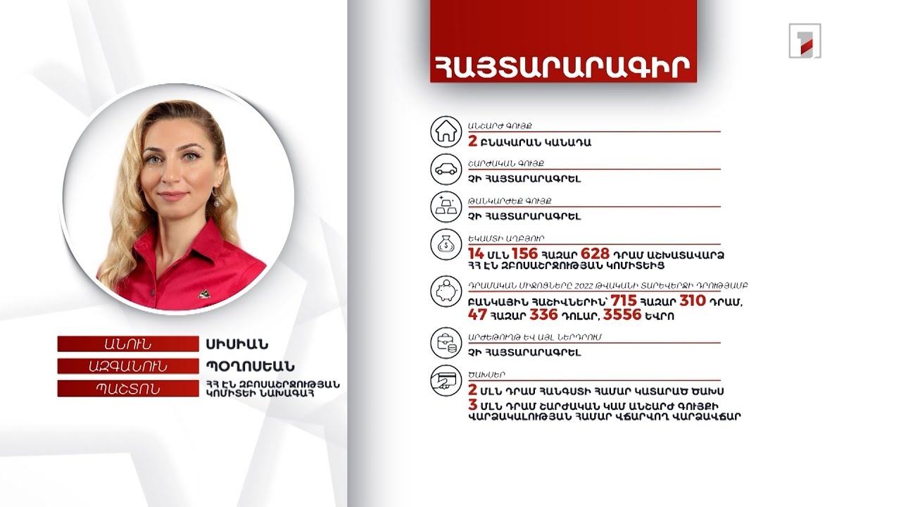 2 բնակարան Կանադայում, 47 հազար դոլար. Զբոսաշրջության կոմիտեի նախագահ Սիսիան Պօղոսեանի հայտարարագիրը