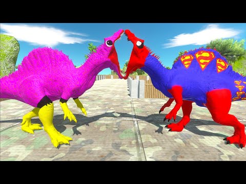 HUGGY WUGGY SPINO VS SUPERMAN SPINO VS BATMAN MOSASAURUS DEATH RUN - Animal Revolt Battle Simulator