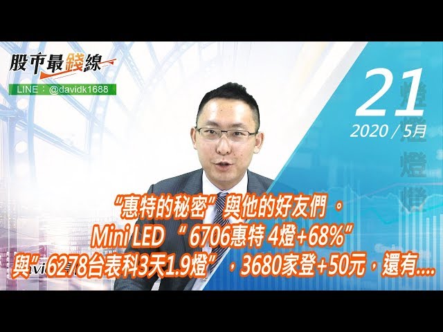 20200521《股市最錢線》#高閔漳，“惠特的秘密”與他的好友們 。Mini LED “ 6706惠特 4燈+68%”與”6278台表科3天1.9燈”，3680家登+50元，還有….
