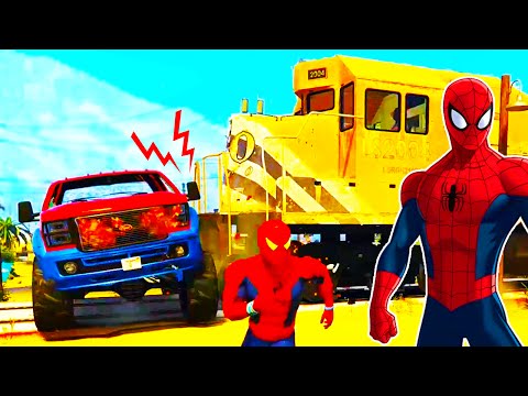FUNNY Offroad CARS for Kids in Spiderman Cartoon for Children with Nursery Rhymes Songs Video