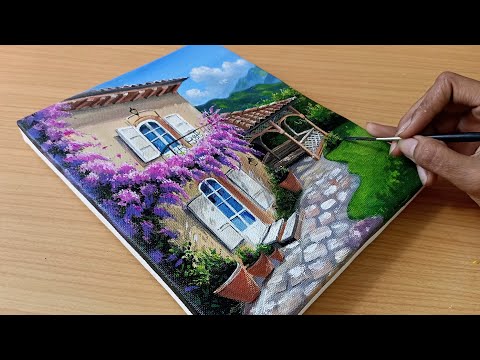 How to Draw A Beautiful Cottage With Flowers/Acrylic Landscape Painting For Beginners 