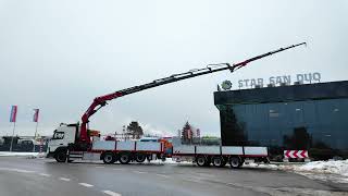 Камион со рамна платформа Volvo FM500 8x4 HMF 5020-K6 Crane Fly Jib Trailer + приколка со рамна платформа | Слика 4 - Autoline