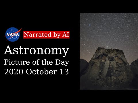 APOD: 2020-10-13 - Mars, Pleiades, and Andromeda over Stone Lions (Narrated by Amy)