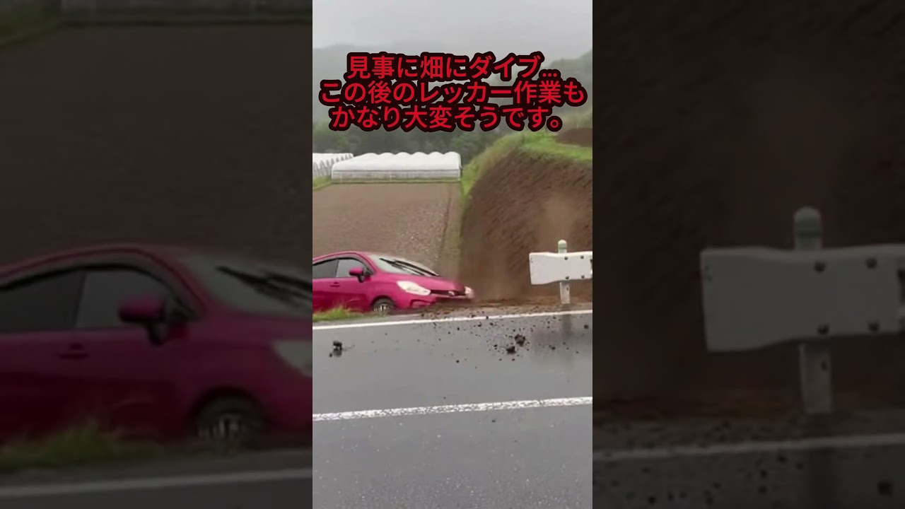 【恐怖】「マジか…落ちたで」雨の日にスリップしてそのまま畑にダイブする衝撃の瞬間