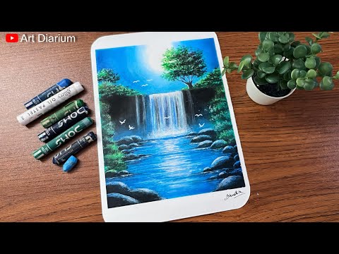 Moonlight Waterfall Nature Scenery Drawing for Beginners | Oil Pastel Drawing