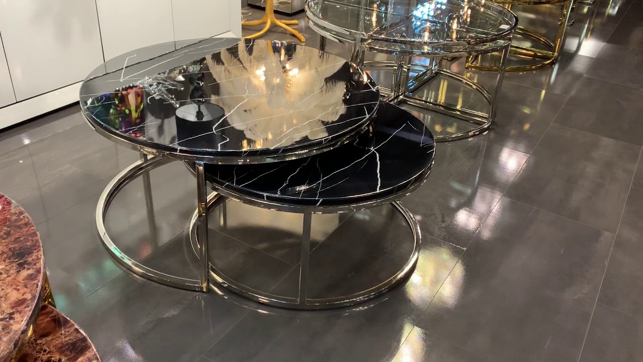 Salontafel Doblo rond zwart marmer zilver (set van twee)