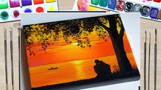 A romantic romantic couple q couple in the sunset painting /step by step acrylic painting #painting