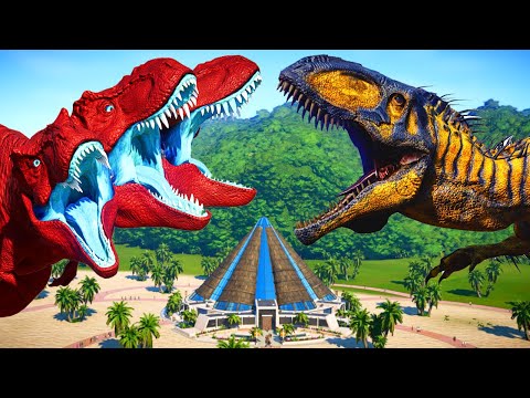 3 Head Red T-REX, Ice Spino, Yellow Malusaurus Dinosaurs Fight Jurassic World Evolution