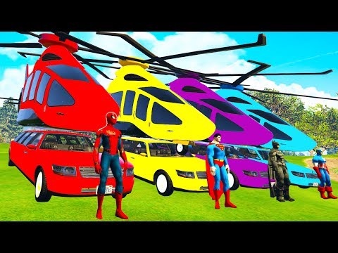 LEARN COLOR Helicopter on Cars w Spiderman cartoon for kids - Superheroes for babies