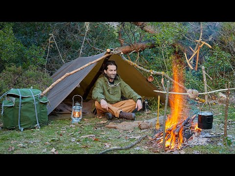 Solo Bushcraft Overnight in the Wilderness-Foraging Wild Food, Cooking over campfire etc