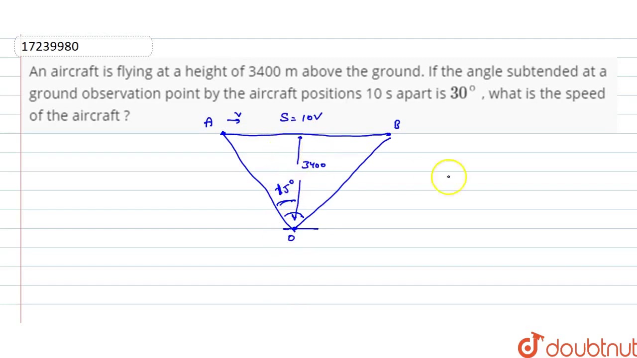 An aircraft is flying at a height of 3400 m above the ground. If the angle subtended