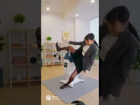 乗馬マシンで転んでしまった黒ストッキングのOL