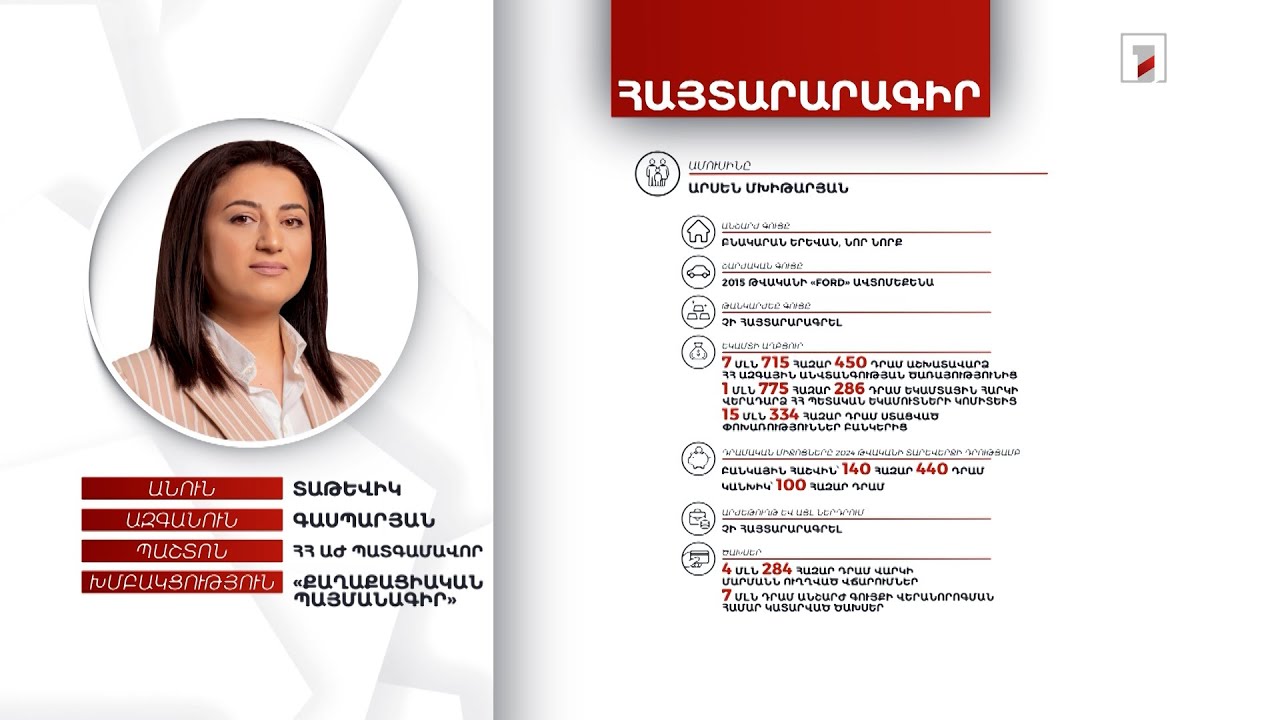 3 անշարժ գույք, 293 հազար դրամ. ՀՀ ԱԺ պատգամավոր Տաթևիկ Գասպարյանի հայտարարագիրը