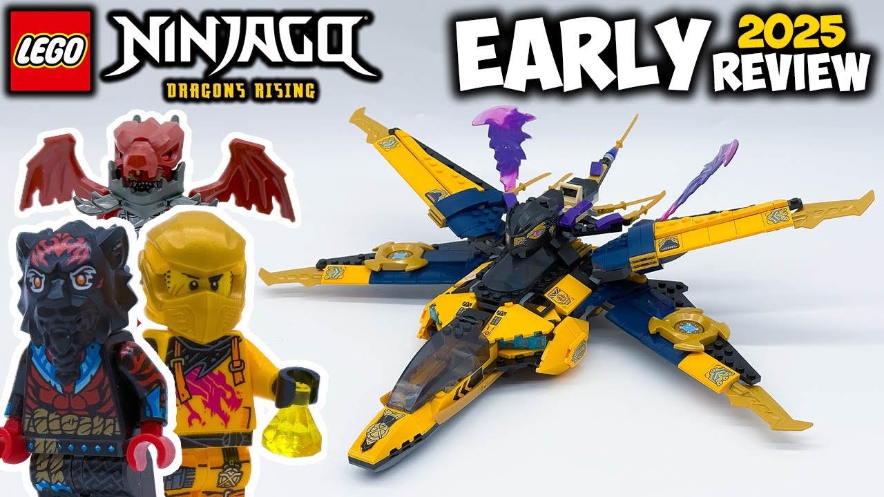 YouTube thumbnail: Ras & Arin's Super Storm Jet EARLY 2025 Review! Ninjago Dragons Rising Set 71833