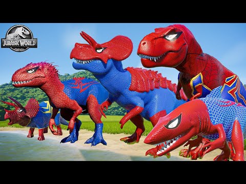 BLUE CAPTAIN AMERICA T-REX vs ALL RED SPIDER-MAN Battle in Jurassic World Dinosaur SuperHero Team