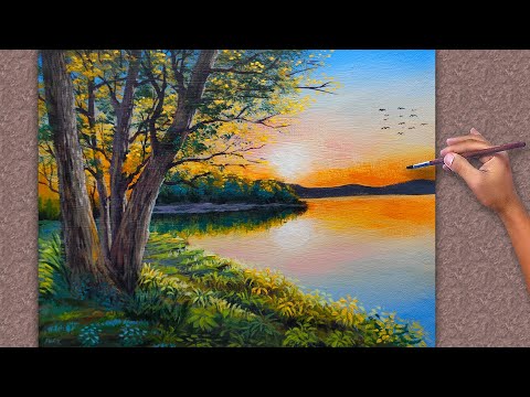 Sunrise Painting Tutorial Easy / Landscape with Trees and Lake / Fine Art