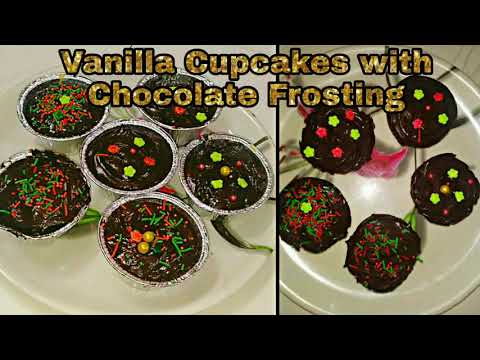 Vanilla Cupcakes with Chocolate Frosting ❤| Eggless recipe| Chocolate Fudge Frosting| Without Oven