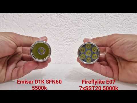 Emisar D1K SFN60 5500k - Fireflylite E07 7xSST20 5000k  turbo comparison