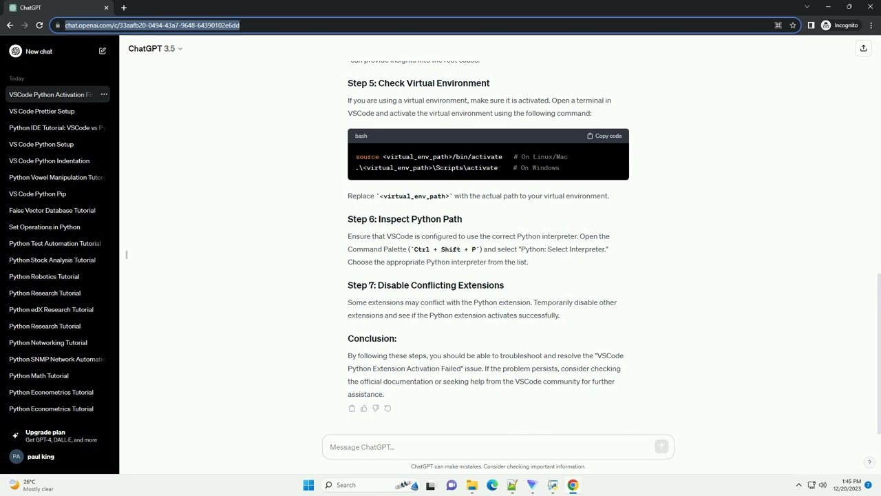 vscode python extension activation failed