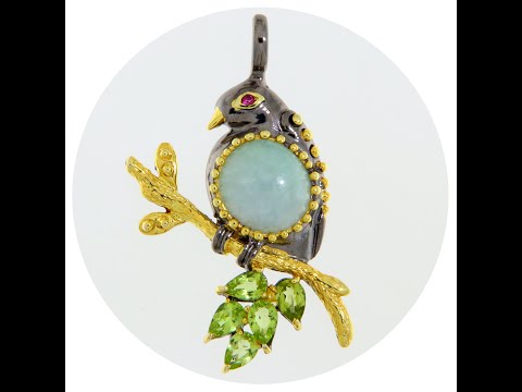 Pandantiv Argint 925 Rodiu negru Accente aurite Jad Peridot Naturale - Elegant Bird