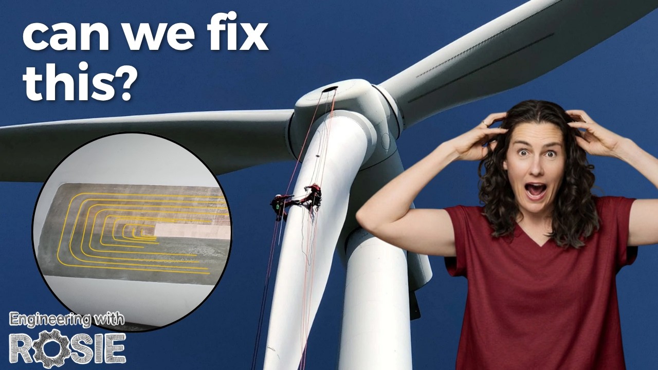 Wind turbine blades at a wind farm with technicians working on a blade