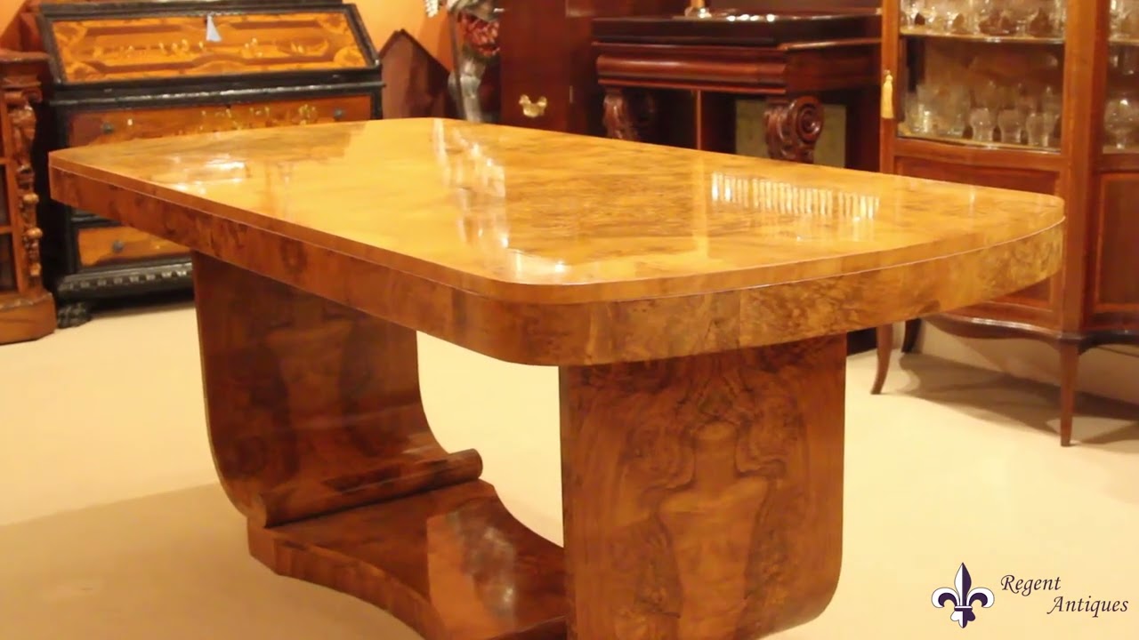 Antique Art Deco Burr Walnut Dining Table & 6 Chairs C1920