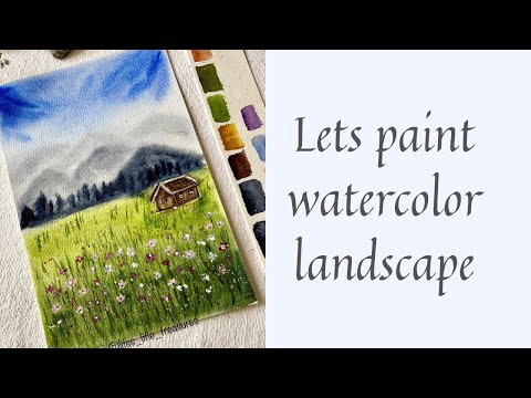Watercolor landscape tutorial with beautiful flower meadow