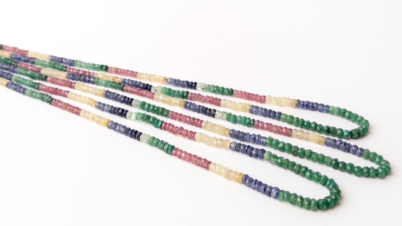 Multi Precious - Ruby, Blue and Yellow Sapphire & Emerald | Faceted Rondelle | 3.8-4mm Bead Size | 41cm Strand Length | 58 Carats video