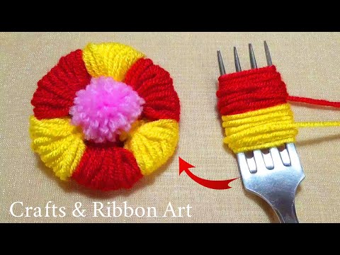 Amazing Trick with Fork - Super Easy Woolen Craft Ideas - DIY Woolen Flowers -Hand Embroidery Flower