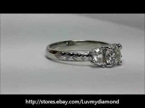 Platinum 1 21ct Round Half Moon 3 stone Engagement Etched Ring Estate Jewelry