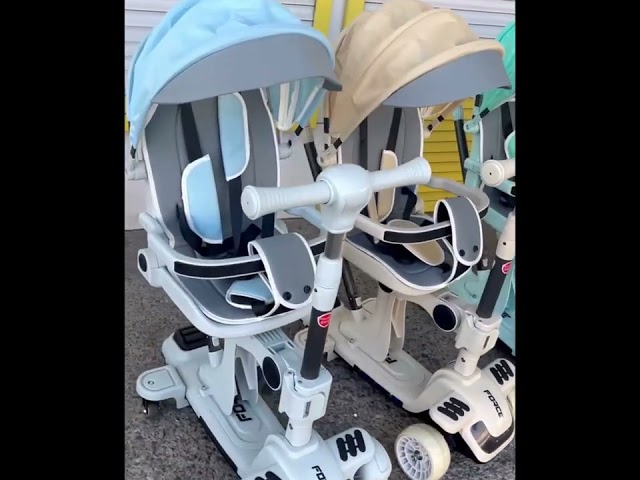 Дитячий триколісний самокат коляска FORCE+ музика, підсвітка, сидіння, батьківська ручка Рожевий