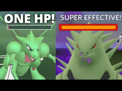 1 HP Scyther Destroys 14,000 CP Tyranitar! (Pokemon Go)