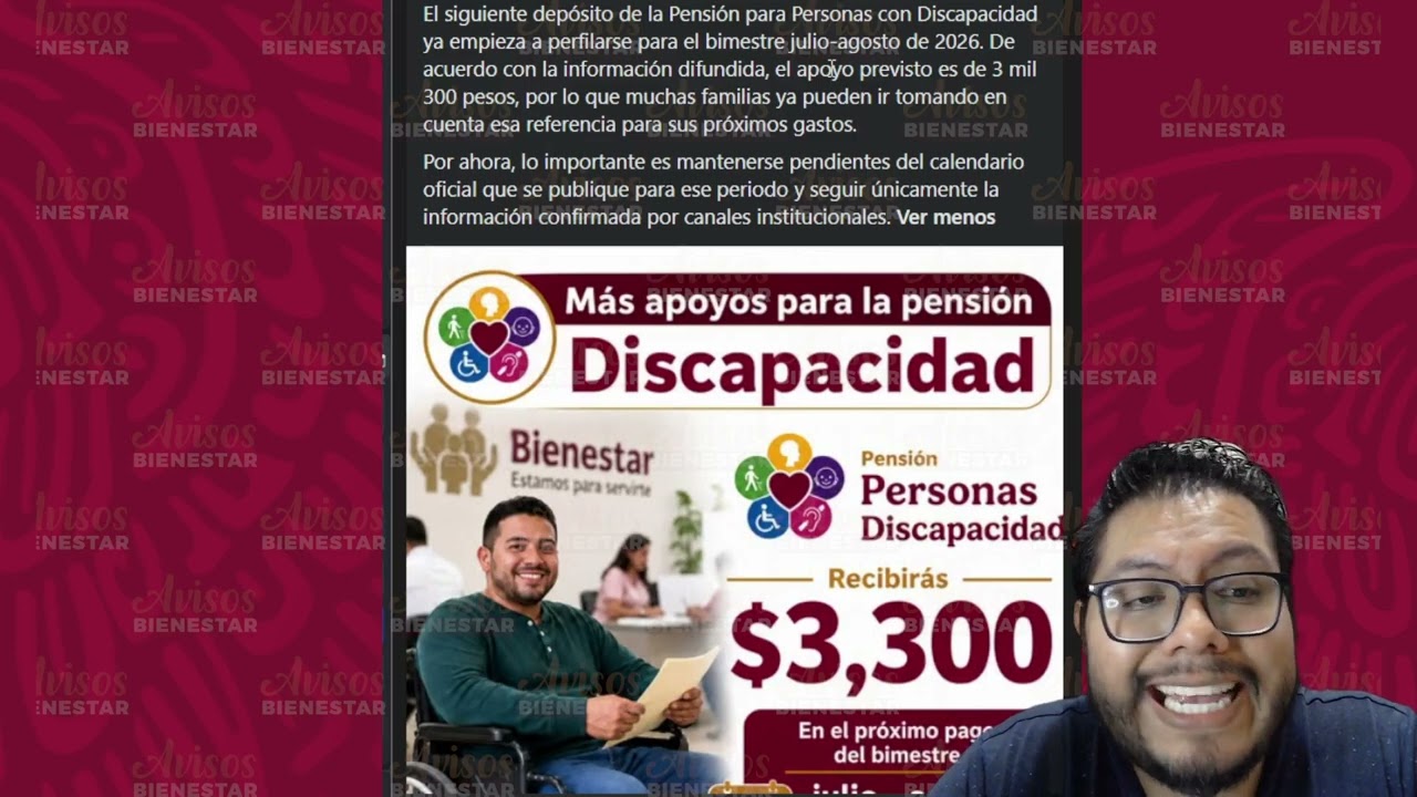Próximo calendario de pago de julio - agosto 2026 vendra con aumento de la pensión de discapacidad