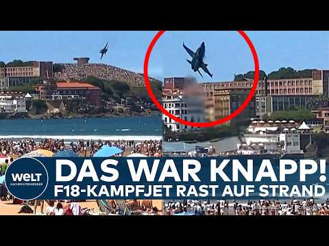 PANIK AM STRAND: F18-Jet fliegt kopfüber über Strand – Gijón entgeht nur knapp dem Unglück!