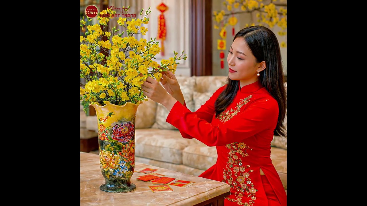 Lọ Hoa Miệng Lượn Dáng Cúp Vẽ Hoa