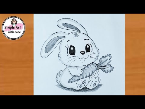 How to draw cute bunny with flower drawing / rabbit drawing easy / simple art withrose pencil sketch