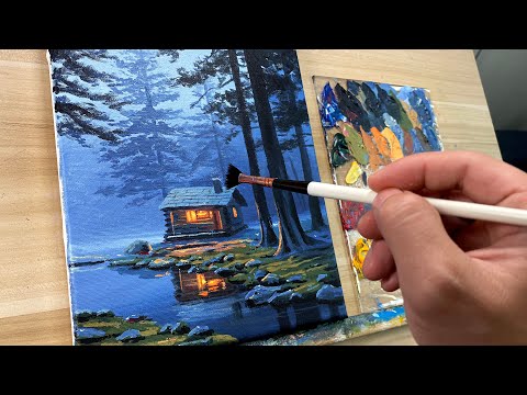 "Misty Cabin Glow" | Acrylic Painting Time-lapse
