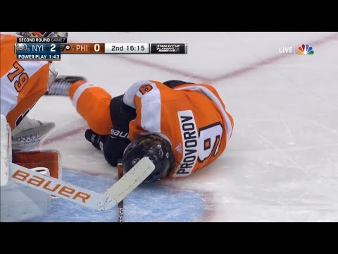Ivan Provorov Takes Puck Off The Kneecap